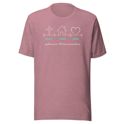 Faith Lives Here short sleeve t-shirt heather orchid